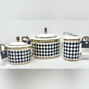 Almeria Collection Teapot, Creamer & Sugar Bowl White Black Checkerboard W/ Gold